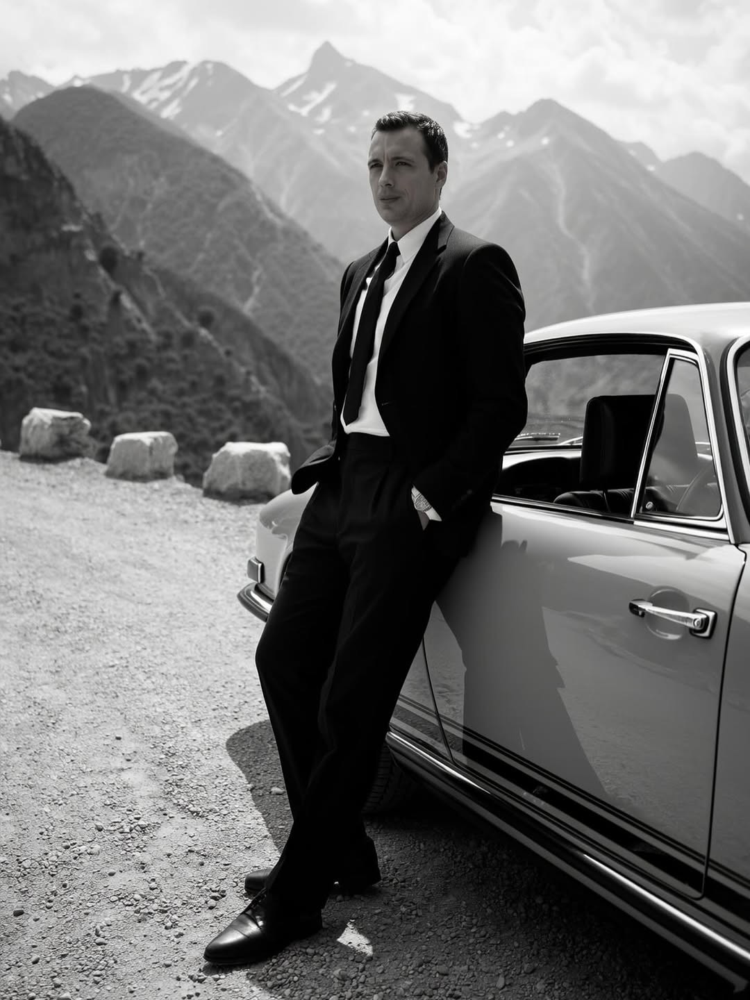 Mikhail in a black suit, leaning on a vintage car in the mountains